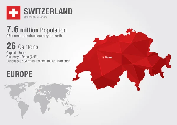 Mappa del mondo della Svizzera con texture diamantata in pixel . — Vettoriale Stock