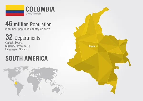 Mapa del mundo de Colombia con una textura de pixel diamante . — Vector de stock