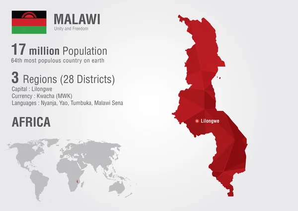 Mapa del mundo de Malawi con una textura de diamante de píxel . — Vector de stock