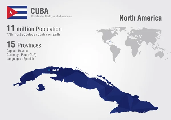 Mapa del mundo de Cuba con una textura de pixel diamante . — Vector de stock
