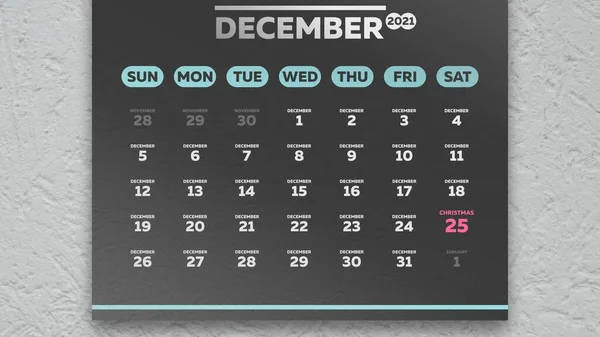 Takvim 2021 'in güzel bir kara Aralık sayfasındaki yakın plan.