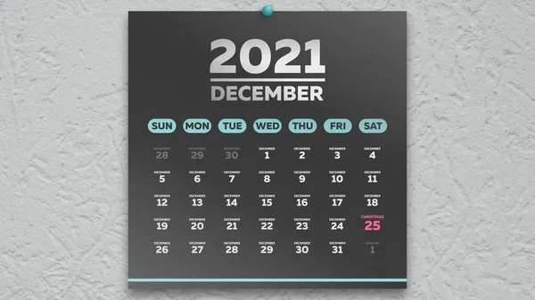 Takvim 2021 'in güzel bir kara Aralık sayfasıyla işaretli Noel tarihi