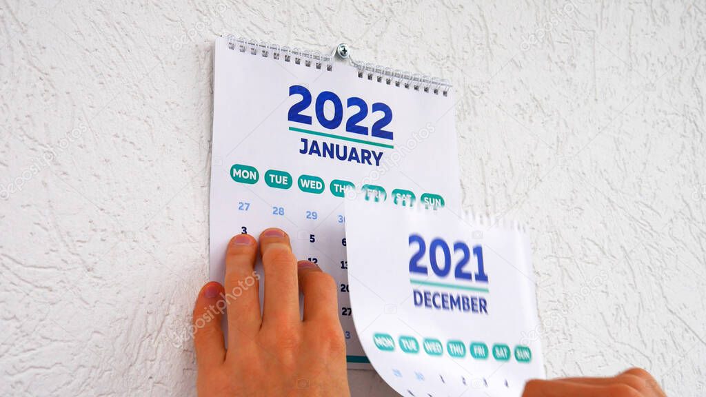 A man's hands tear off the December page of a 2021 calendar on the wall followed by the January page of a new 2022 calendar