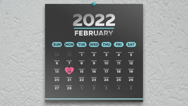 2022 takviminin güzel siyah bir şubat sayfası ve pembe bir kalp sembolü ile işaretlenmiş sevgililer günü.