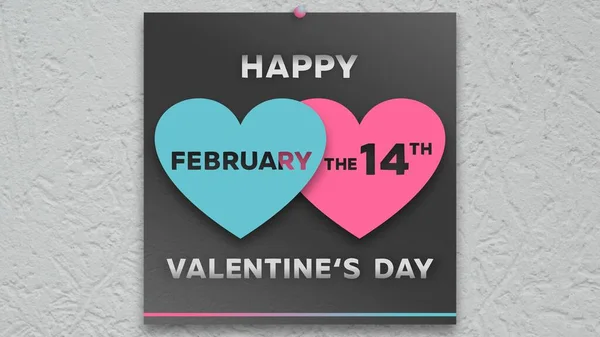 Duvarında güzel bir yazı olan siyah bir poster Mutlu bir VALENTINE Günü ve iki büyük renkli kalple tarih