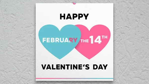 Duvarında güzel bir yazı olan beyaz bir poster Mutlu bir VALENTINE Günü ve iki büyük renkli kalple tarih