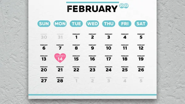 Close Beautiful February Page Calendar 2022 Valentine Day Marked Pink — Stock Photo, Image