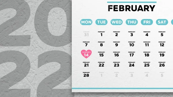 Close Van Een Mooie Februari Pagina Van Kalender 2022 Valentijnsdag — Stockfoto