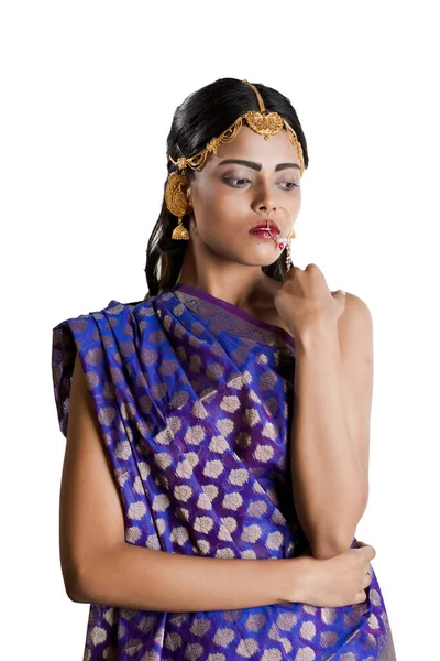 Beautiful Indian Woman Traditional Indian Blue Saree — Stock fotografie