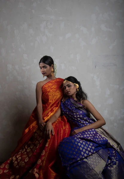 Δύο Όμορφη Ινδή Γυναίκα Παραδοσιακή Ινδική Handifraft Σάρι — Φωτογραφία Αρχείου