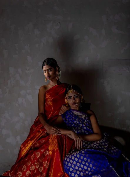 iki güzel Hintli kadın geleneksel Hint elbisesi giyiyorlar.