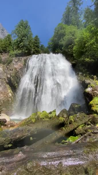 Úžasný Chatterbox Vodopád v Princezně Louisa Marine Park obklopen stromy a modré nebe. — Stock video