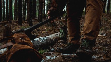 Oduncu, karlı ormanda odun kesiyor.