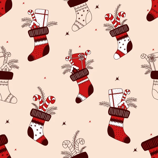 Weihnachten Nahtlos Weihnachtsstrumpf Mit Geschenken Und Pralinen Vektorillustration Handzeichnung Farbe — Stockvektor