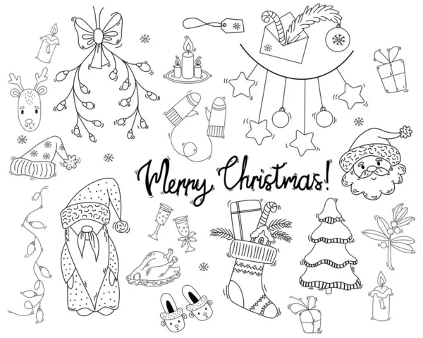 Grande Set Elementi Design Natale Capodanno Stile Doodle Illustrazione Vettoriale — Vettoriale Stock