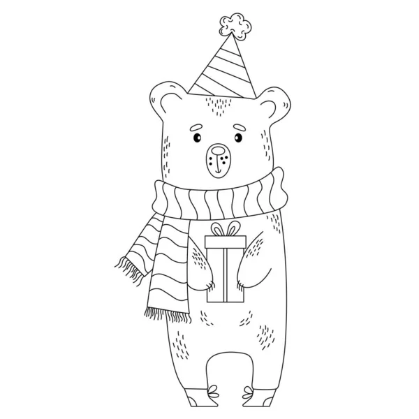 Urso Natal Bonito Com Chapéu Cachecol Presente Ilustração Vetorial Esboço — Vetor de Stock