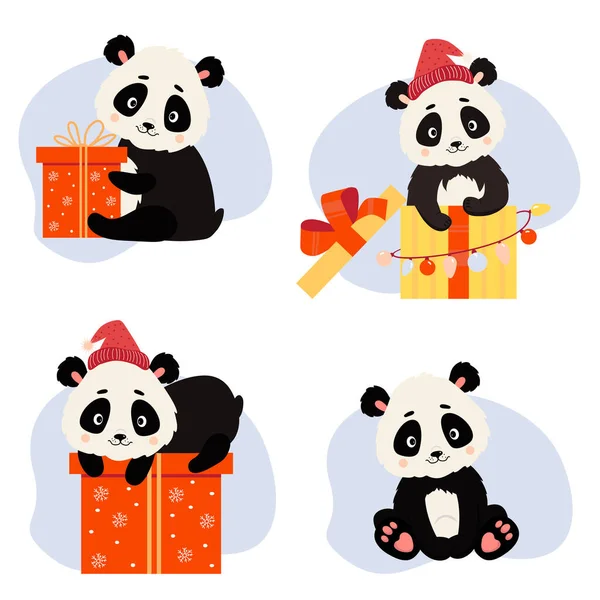 可愛いパンダクマ ギフトや箱付きのクリスマス動物のコレクション 漫画風のベクトルイラストのセット グリーティングカードや装飾のために 印刷や子供のコレクション 孤立した登場人物 — ストックベクタ