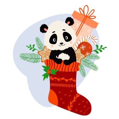Hediyelerle dolu Noel çorapları. Zencefilli çörek, çizgili karamel ve Noel ağacı toplu şirin panda. Vektör çizimi. Yılbaşı kartları, çocuk koleksiyonu, baskı ve dekor, kartlar ve tasarım için