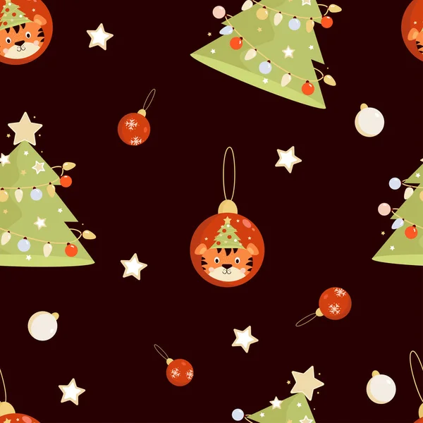 Modèles Sans Couture Nouvel Tigre Arbre Noël Avec Des Boules — Image vectorielle