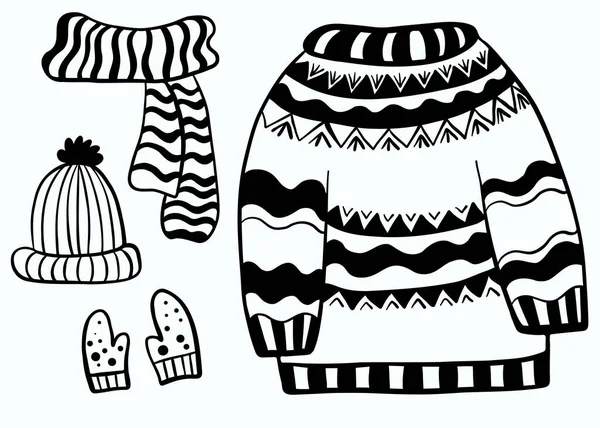 一套手绘涂鸦 冬季针织服装 圣诞毛衣 围巾和手套 矢量图解 用于设计 明信片和印刷品的图形黑色草图 — 图库矢量图片
