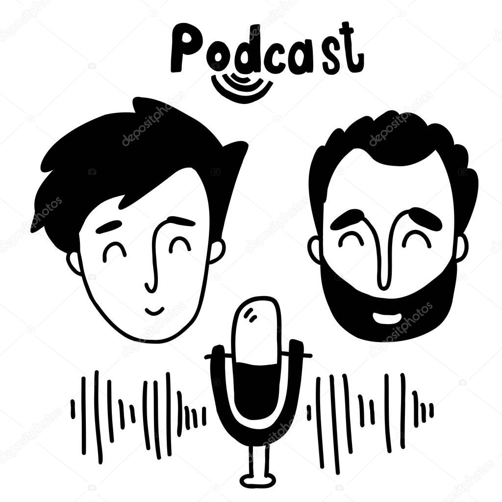 Podcast sketch concept. podcaster and guest in studio speaks into microphone. Vector illustration in hand drawn doodle style.