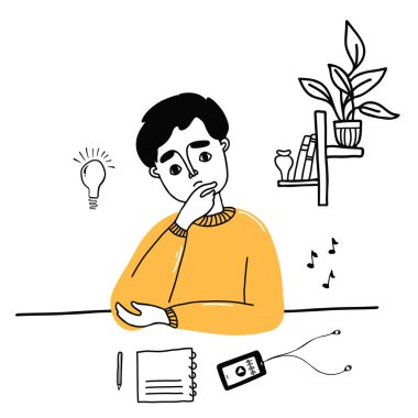 Sevimli genç adam düşünceli ve podcast dinliyor, telefondan müzik dinliyor. Elle çizilmiş vektör çizimi. Podcast, hobi ve çalışma konsepti. Tematik dekor, tasarım ve baskı için karakter.