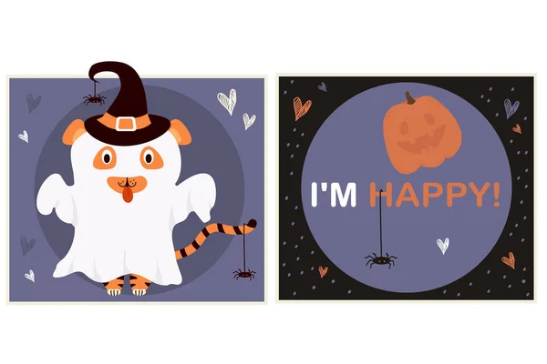 Söta kort med rolig spöktiger i häxhatt till Halloween. Vektorillustration med text Jag är glad. Ljus hälsning halloween fyrkantiga vykort — Stock vektor