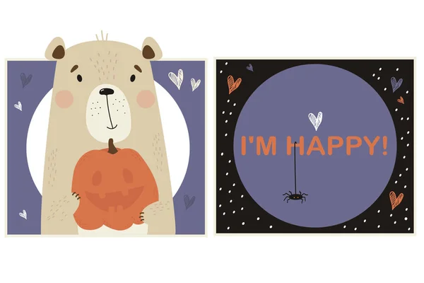 Definir cartão de Halloween. Urso bonito com Jack de abóbora. Ilustração vetorial com texto - Estou feliz. Cartão quadrado brilhante da saudação do halloween com animal bonito e aranha — Vetor de Stock