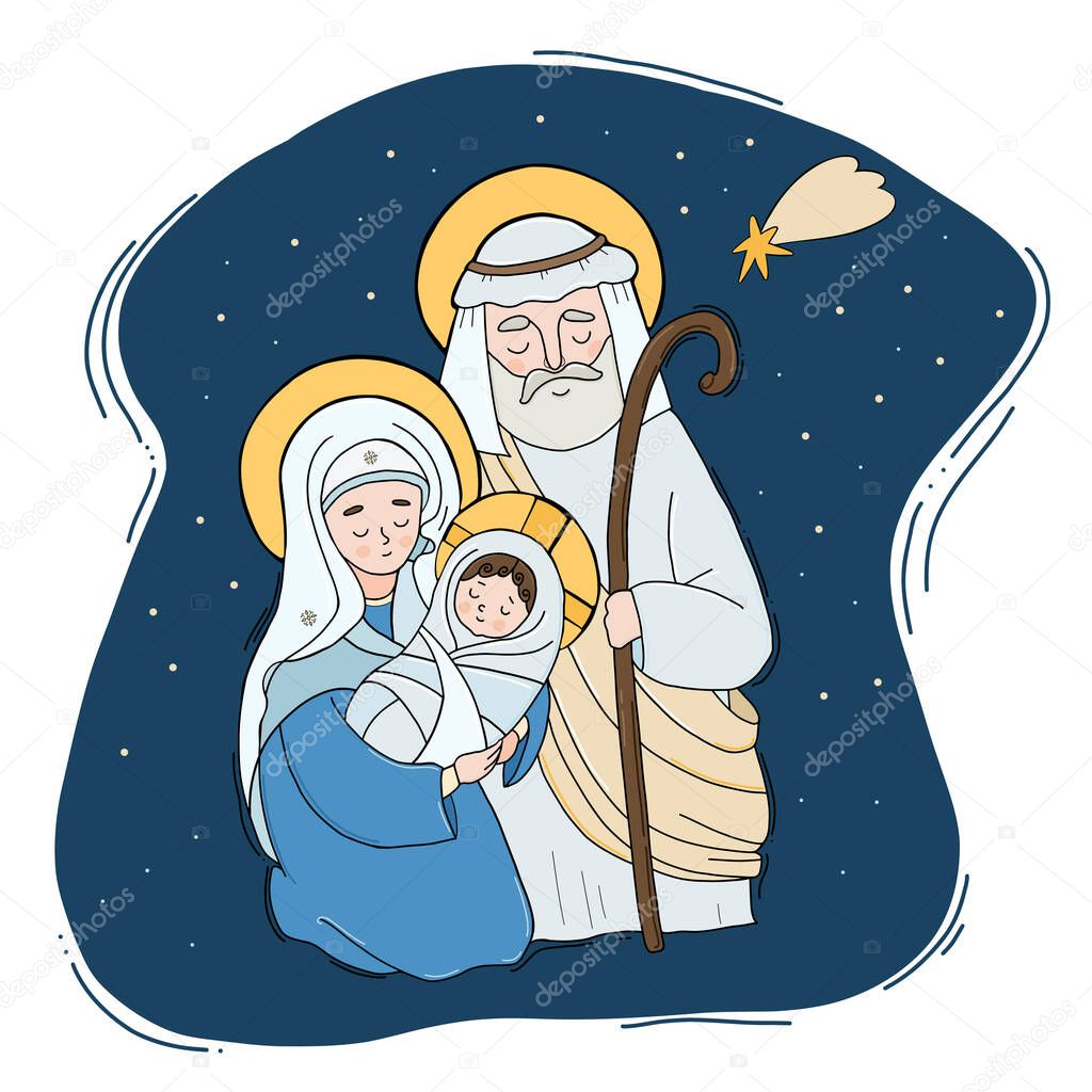 Nativity of baby Savior Jesus Christ. Holy Family Virgin Mary, Joseph and Jesus, Holy Night and Star of Bethlehem. Vector illustration. Hand drawing for design and decor, greeting cards.