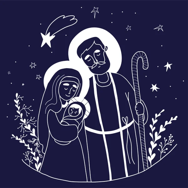 Kutsal Aile Bakire Meryem, yaşlı adam Joseph ve bebek İsa. İsa 'nın doğumu. Vektör çizimi. Mavi arkaplanda beyaz çizgisel tebeşir çizimi, özet. Mutlu Noeller dekoratif tebrik kartı..