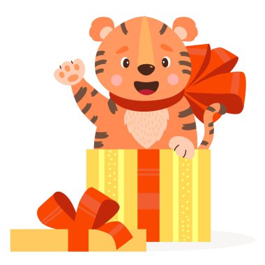 Hediye kutusunda şirin bir kaplan. Çizgili hayvan pençesini hediye kutusundan büyük kırmızı bir fiyonkla sallıyor. Vektör çizimi. Tebrik kartları, çocuk koleksiyonu, baskı, tasarım ve dekor için