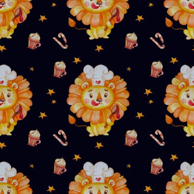 Tatlı aslanla kusursuz desen. Aşçı şapkası takmış yakışıklı karakter aslan şefi kaşıkla reçel ve zevkle dudaklarını yıldızlarla ve şekerlerle siyah bir zeminde yalıyor. Suluboya. çocuk koleksiyonu