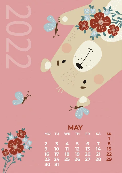 Bear Calendar May 2022 Cute Bear Bouquet Flowers Butterflies Pink — Stock Photo, Image