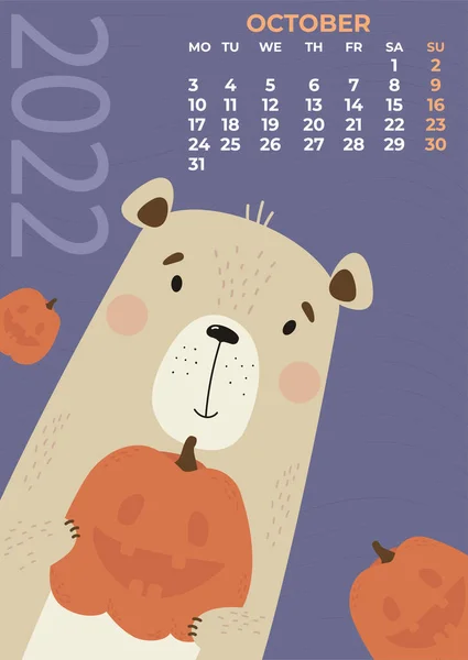 October 2022 Bear Calendar Cute Bear Pumpkin Halloween Purple Background — Stock Photo, Image
