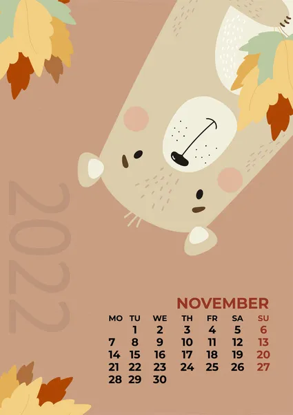 予定表を 2022年11月 秋の葉を持つかわいいクマ茶色の装飾的な背景に 縦型テンプレート 月曜日からの週 デザインと印刷のための文房具 — ストック写真