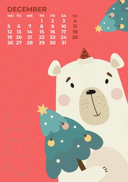 Calendário Urso Dezembro 2022 Urso Polar Bonito Chapéu Papai Noel — Fotografia de Stock