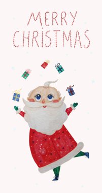 Beyaz arka planda hediyeleri olan şirin Noel Baba 'ya Mutlu Noeller mesajı. Suluboya. Çocuk koleksiyonu için dikey El çizimi, yeni yıl kartları ve posterleri, tasarım ve dekorasyon. 