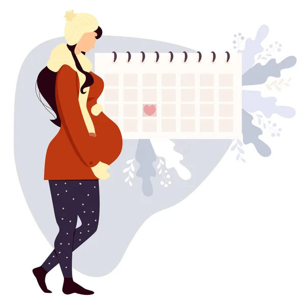 冬服の幸せな妊婦さんはカレンダーを見ています 長身の可愛い女がお腹を抱きかかえて誕生企画者のそばに立つ ベクトルイラスト 女の子と女性の健康の概念 — ストックベクタ