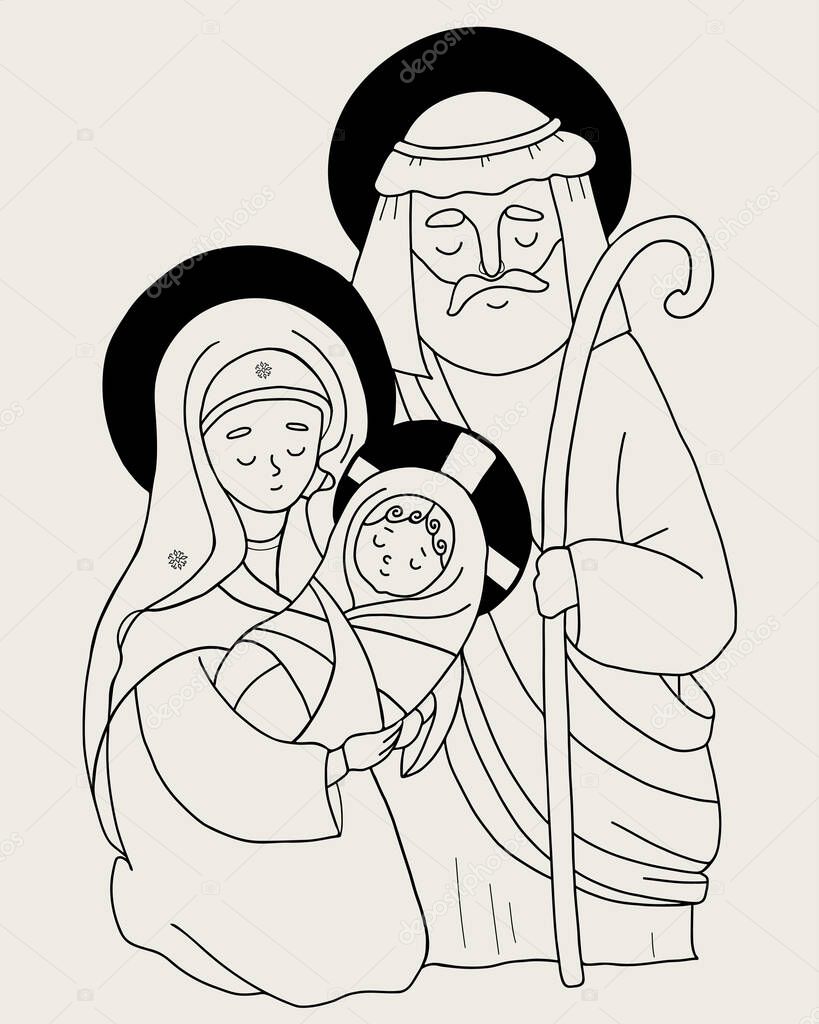 Nativity of Jesus Christ. Vector illustration of Holy Family - Virgin Mary, old man Joseph and baby Jesus. Linear hand draw, outline. Merry Christmas greeting card, For design, decoration and printing