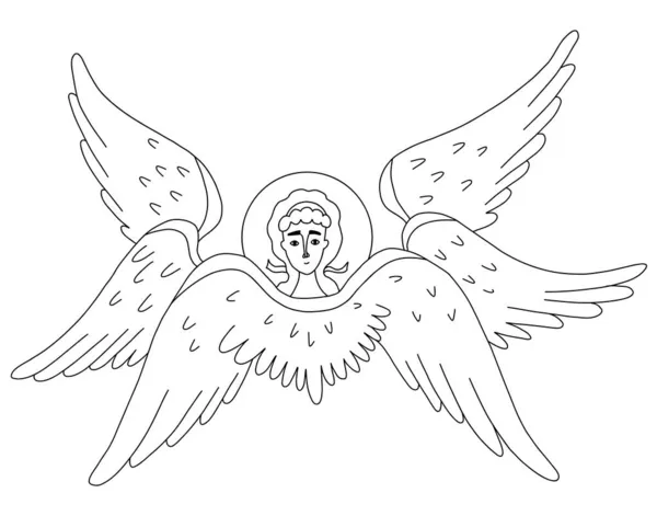 Religieus Symbool Seraph Zes Gevleugelde Engelen Vector Illustratie Lijntekening Omtrek — Stockvector