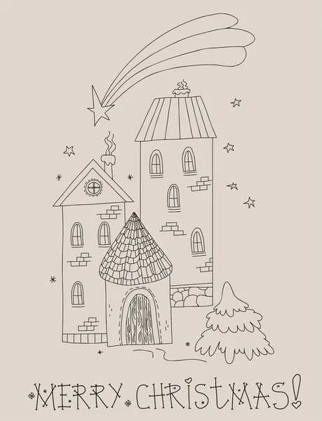Καλά Χριστούγεννα Χαριτωμένο Πρωτοχρονιάτικα Σπίτια Δέντρο Και Αστέρι Της Βηθλεέμ — Διανυσματικό Αρχείο