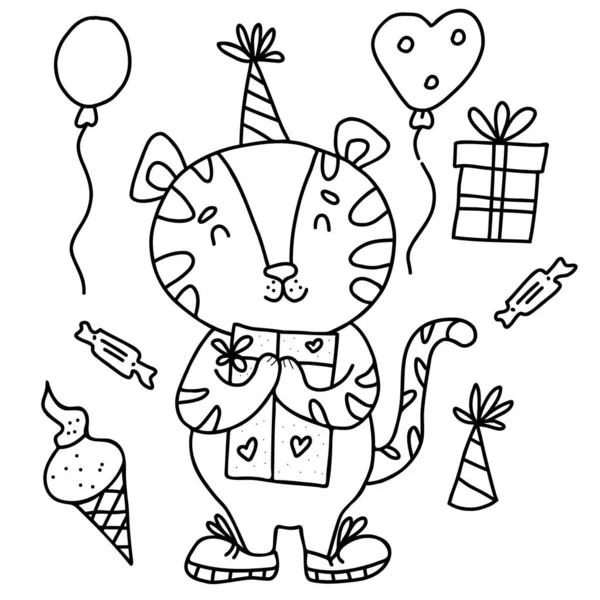 Симпатичный тигр в шляпе на день рождения с подарком, воздушными шарами, мороженым и сладостями. Векторная иллюстрация. Линейный рисунок. Персонаж для поздравительных открыток, декора и дизайна, для детской коллекции. 2022 год - год Тигра — стоковый вектор