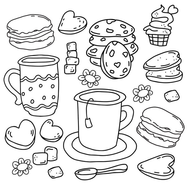 Set of desserts in style of handmade linear doodles. cup of tea, Macaroon cookies, almond and shortbread biscuits, muffin and refined sugar. Vector illustration. isolated outline drawing.