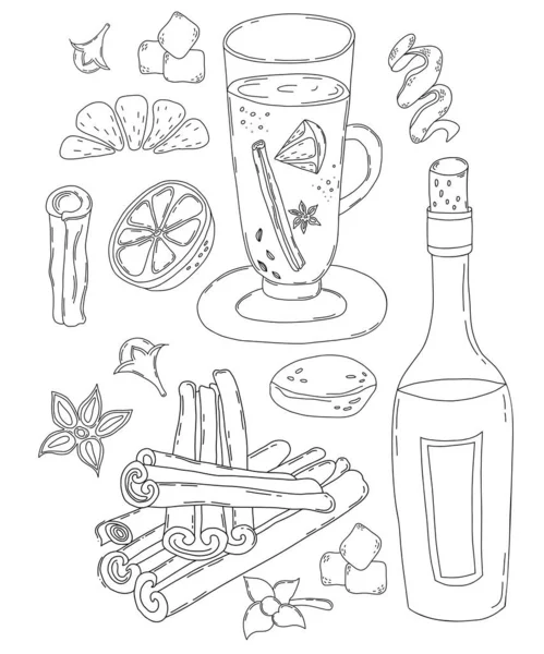 Conjunto de vino caliente de Navidad. Ilustración vectorial, en estilo lineal dibujado a mano. Copa y botella de vino, rebanada de naranja, especias, rama de canela, cardamomo, clavo de olor y ralladura de limón. Dibujo aislado del contorno. — Vector de stock