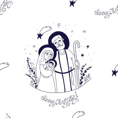 Kusursuz desenli Noel İsa Mesih. Kutsal Aile 'nin temsilcisi Theotokos Bakire Meryem, Yusuf ve bebek İsa, beyaz arka planda Beytüllahim Yıldızı ile birlikte. Doğrusal el çizimi, özet.