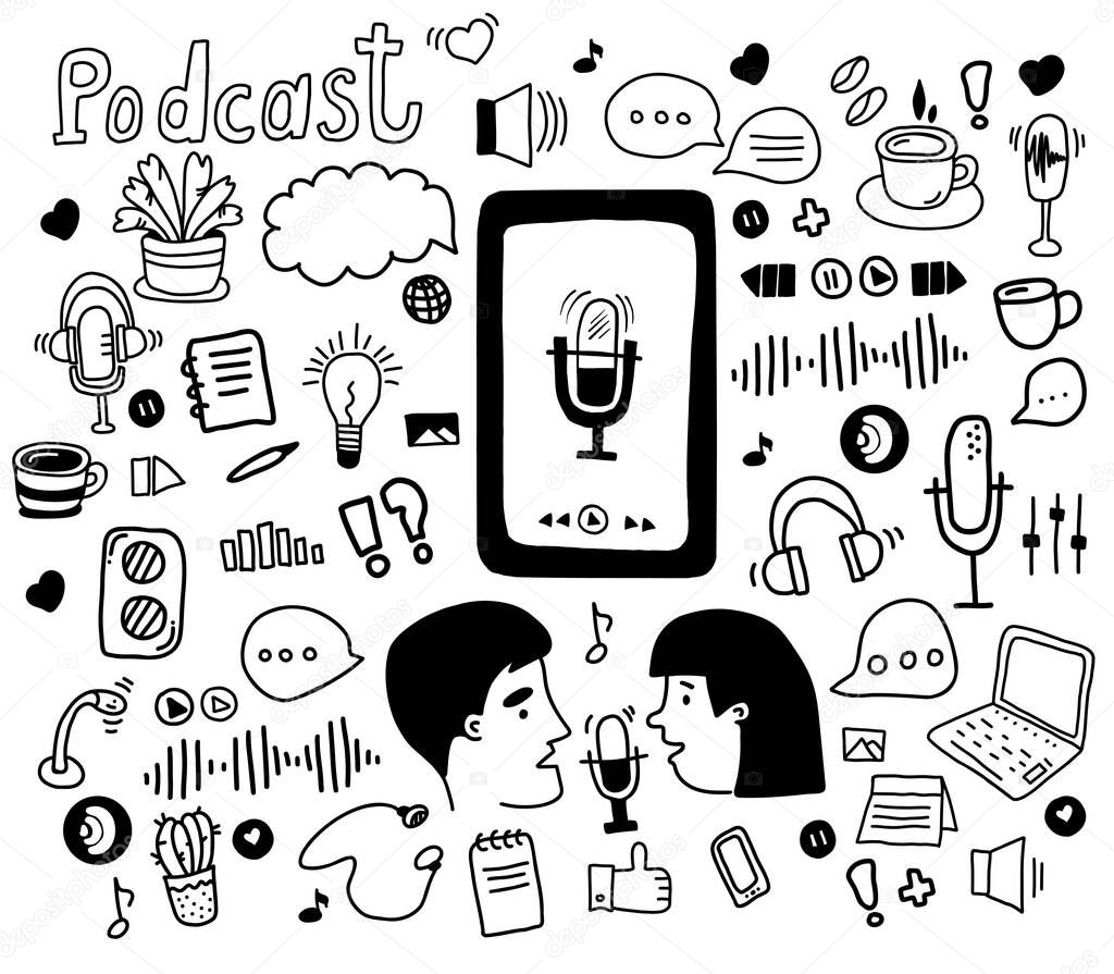 Podcast sketch concept. Podcaster man and woman recording and speaking into microphone. Big Set of Vector Illustrations in Hand Drawn Doodle Style. Linear elements of podcast. Isolated elements