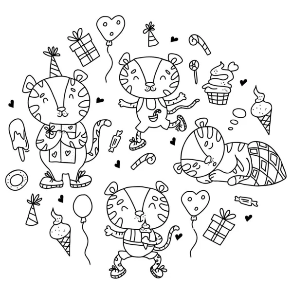Tatlı kaplanlı büyük doğrusal karalamalar. Uyuyan kaplan, dondurmalı ve doğum günü şapkalı, balonlu ve hediyeli. Vektör çizimi. İzole edilmiş doğrusal el çizimleri — Stok Vektör