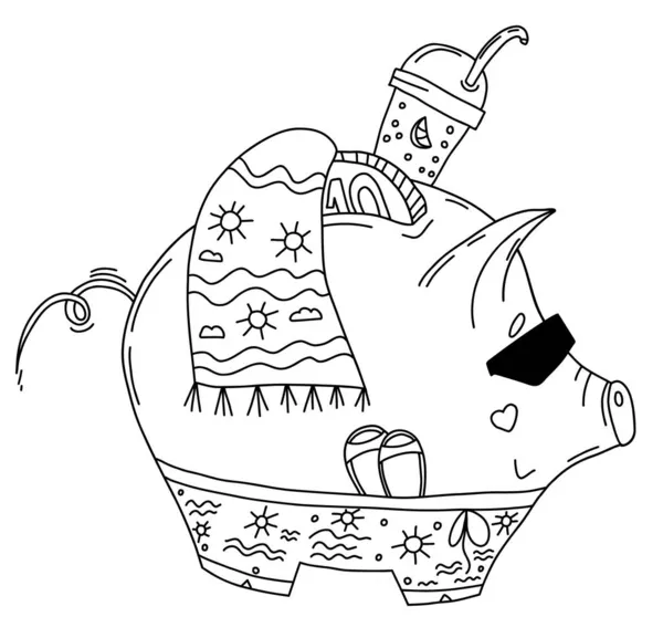Bonito banco de porcos de verão. Ilustração vetorial no estilo doodle mão. Porquinho de porco com moeda em óculos de sol em roupa de praia com toalha e coquetel. esboço, esboço linear do caráter para o projeto — Vetor de Stock
