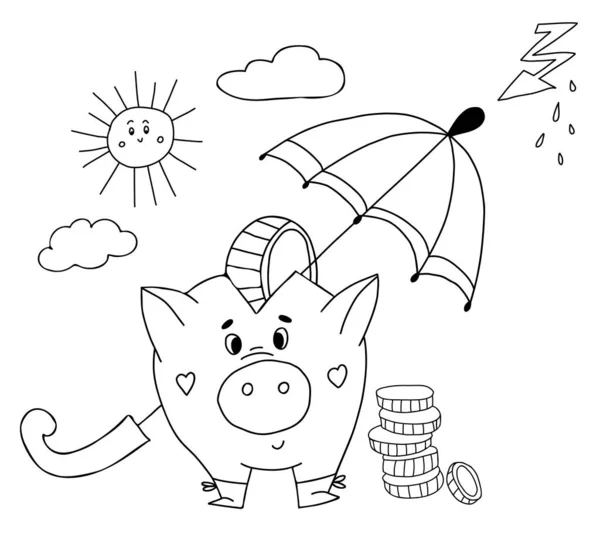 Симпатичная копилка с монетами под зонтиком. Векторная иллюстрация в стиле каракулей. Контур, линейный эскиз персонажа для финансовой концепции экономии и сохранения денег — стоковый вектор
