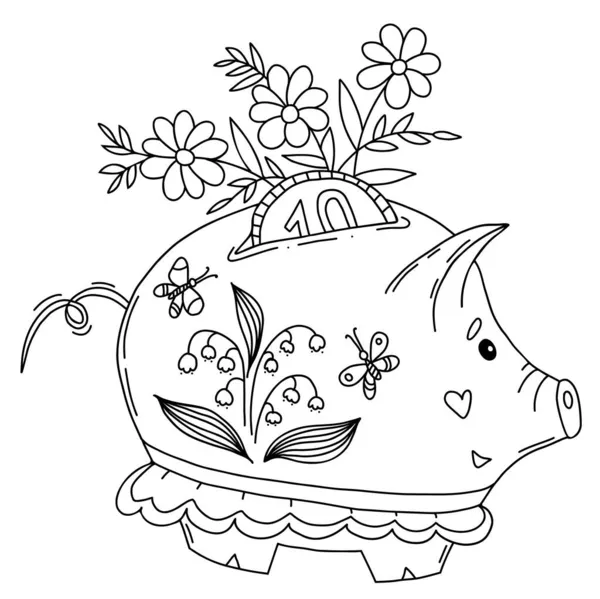 Bonita hucha de cerdo de primavera. Ilustración vectorial en estilo garabato. Hucha de cerdo con moneda, ramo de flores, lirios de valle y mariposas. Esquema, boceto lineal de carácter para el diseño — Archivo Imágenes Vectoriales